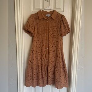 One Loved Babe Tan Eyelet Button-Down Mini Dress - Size XS